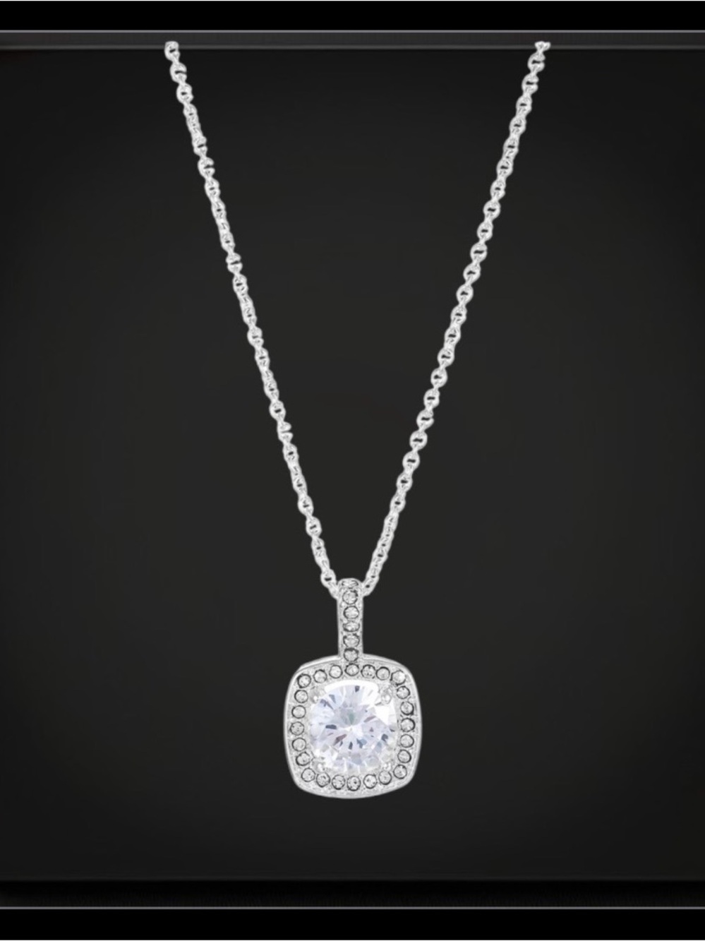 NEW Silver Tone Cubic Zirconia Cushion Cut Halo Pendant Necklace Square Pendant